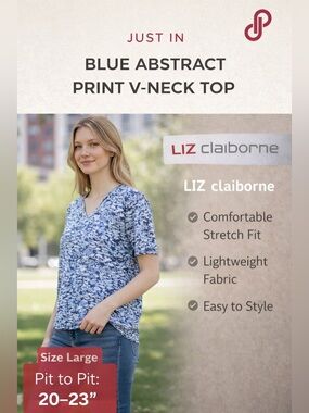 Liz Claiborne Blue Abstract Print V-Neck Top Size Large Soft Stretch Tee